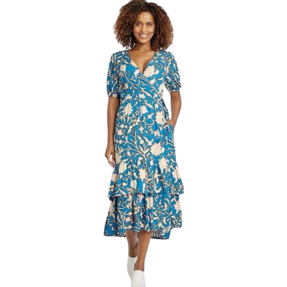 Knox Rose Wrap Dress Large Blue Floral‎ Midi Tiered Tassel Tie Pockets Boho Blue